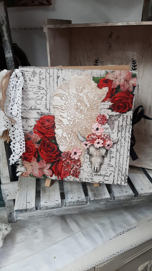 Mixed media plain journal with clay cow skull and decoupage. Unique piece.